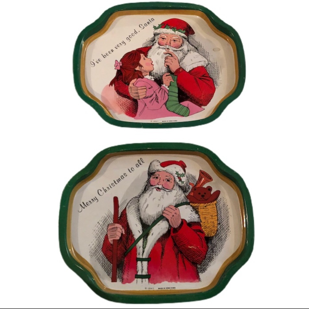Vintage JSNY Christmas Tin Trays Set of 2 Santa Claus Litho Made in‎ Hong Kong